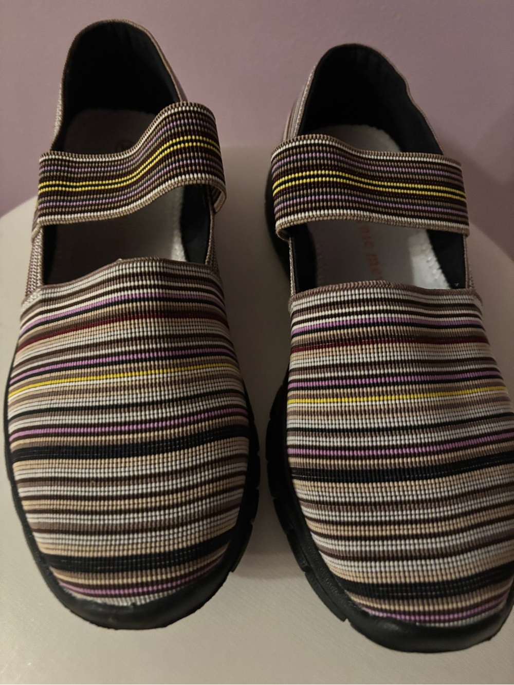 Striped Mary Jane Flats in Black, Cream, Purple & Yellow